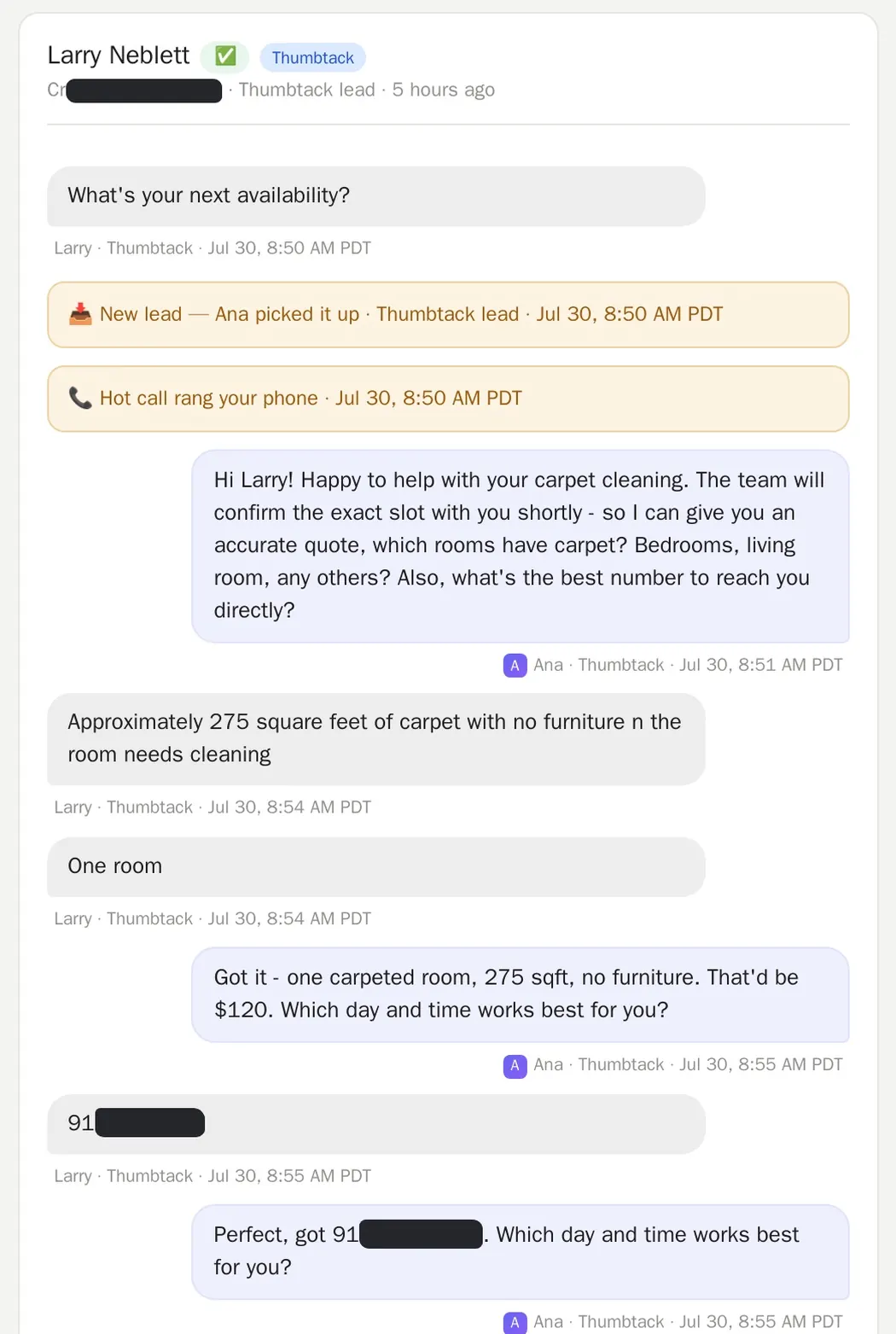 Real conversation: Booked - One Thumbtack Lead, One Morning.